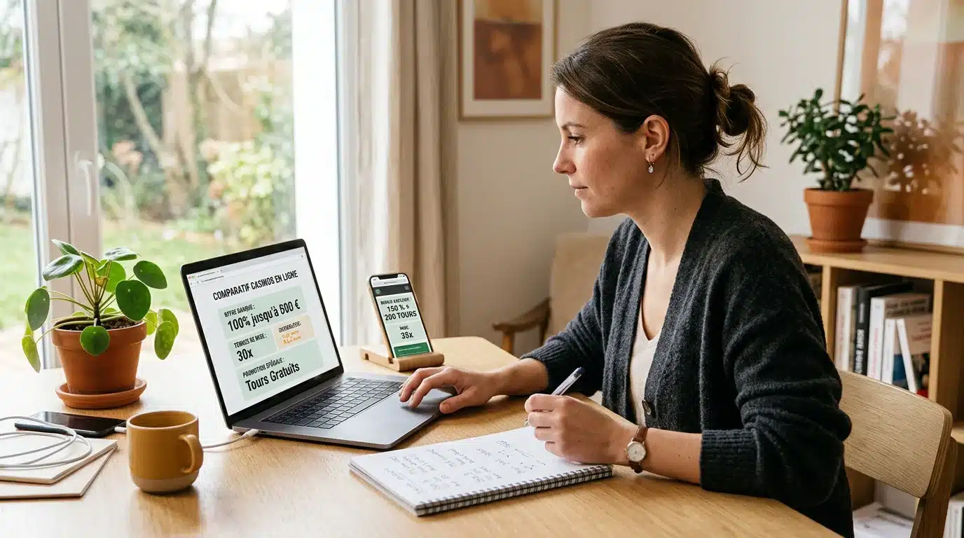 Joueur comparant des offres de bonus de casino en ligne sur un ordinateur portable