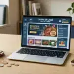 Poste de travail avec ordinateur affichant un casino en ligne et quelques pièces d'euros