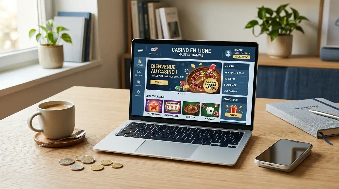 Poste de travail avec ordinateur affichant un casino en ligne et quelques pièces d'euros