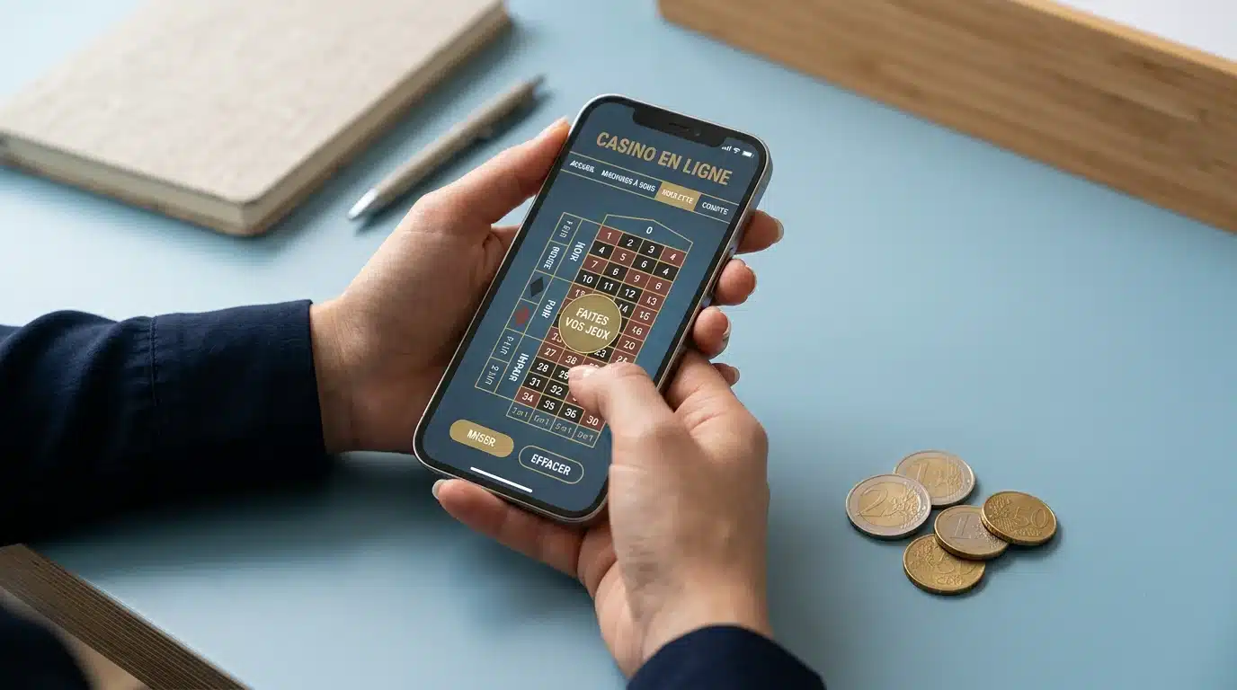 Un joueur consulte une offre de casino en ligne avec quelques pièces d'euros posées sur un bureau
