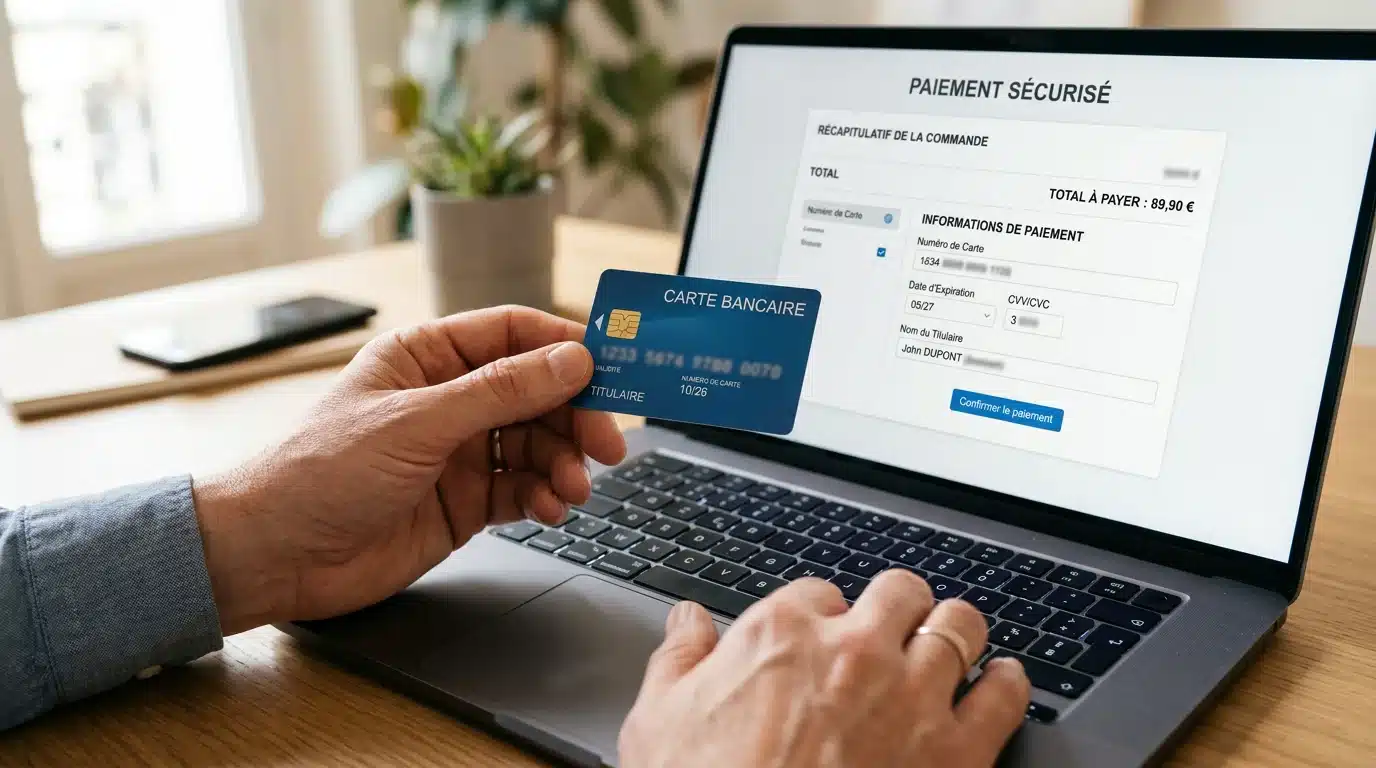 Mains d'un joueur saisissant les informations de sa carte bancaire sur un ordinateur portable