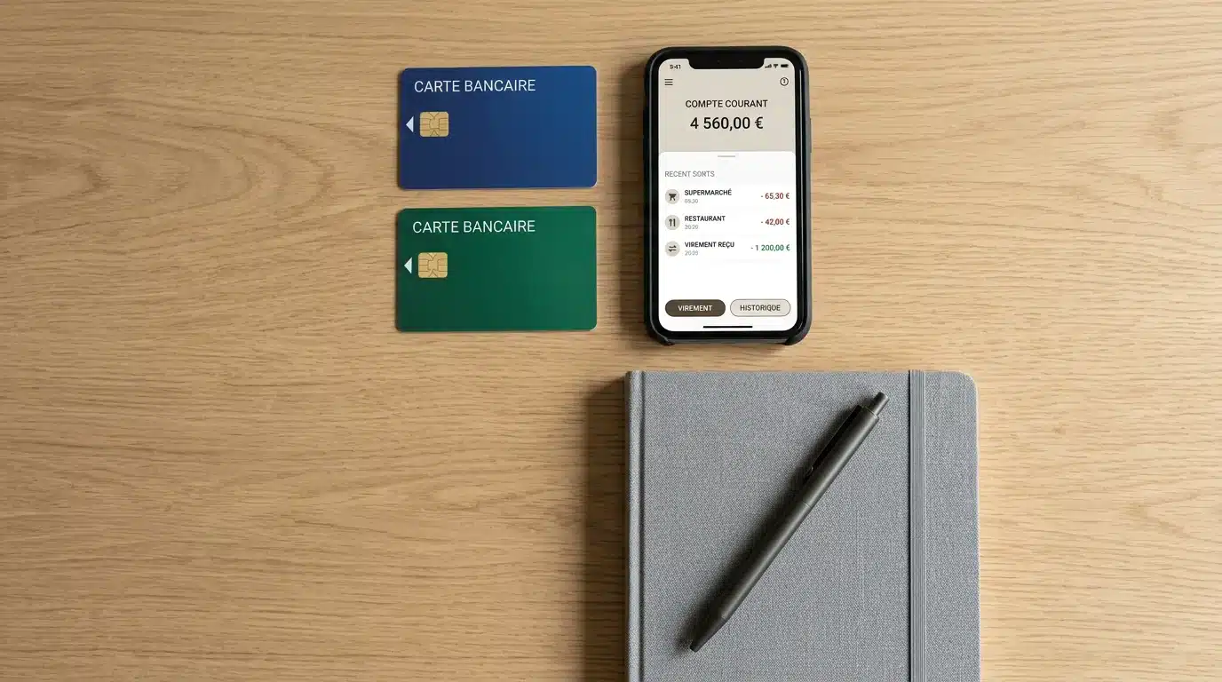 Deux cartes bancaires génériques posées sur un bureau à côté d'un smartphone
