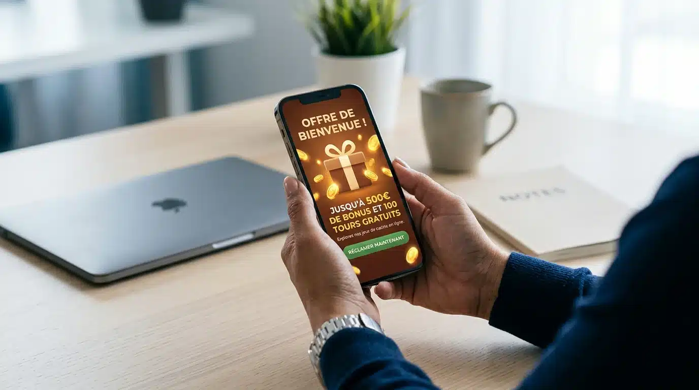 Joueur consultant une offre de bonus de casino sans dépôt sur son smartphone