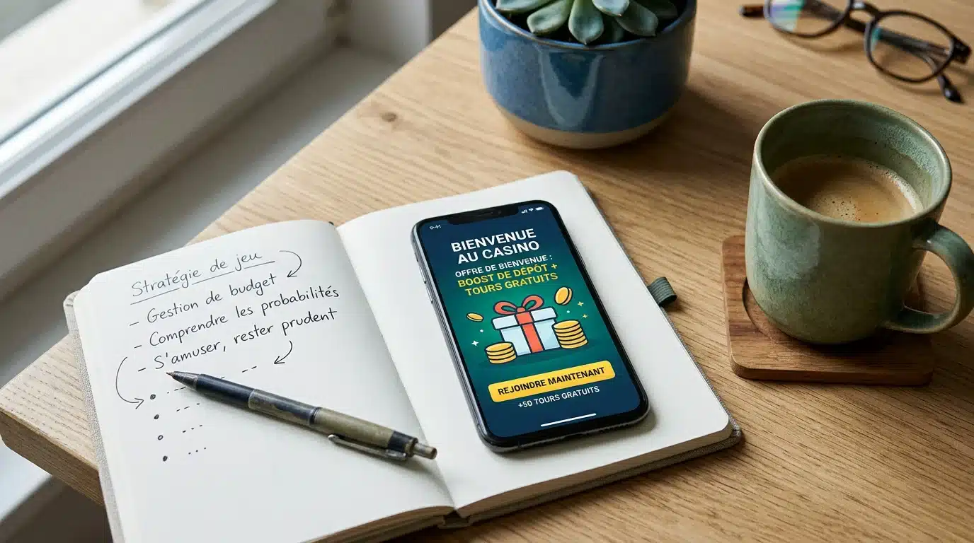 Smartphone affichant un bonus de bienvenue sans dépôt sur un bureau