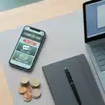 Espace de travail avec smartphone, pièces en euros et carnet pour évaluer un bonus casino
