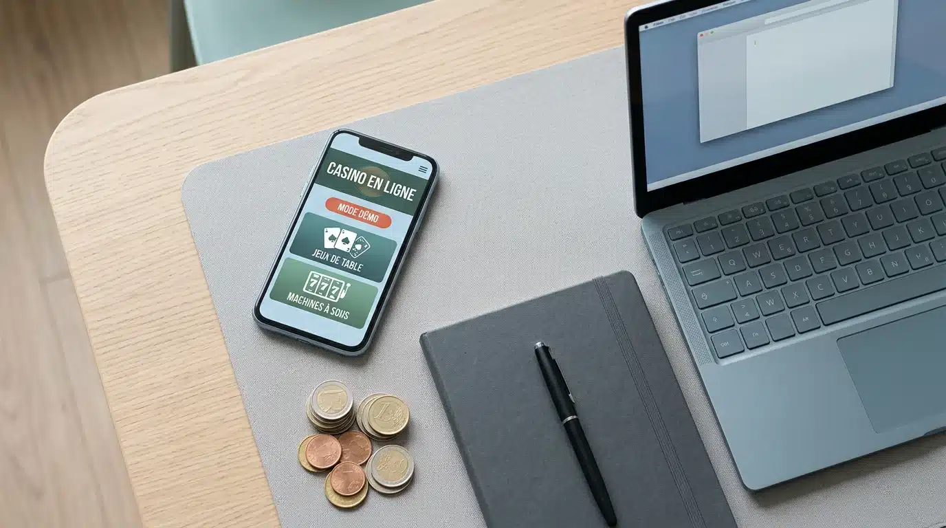Espace de travail avec smartphone, pièces en euros et carnet pour évaluer un bonus casino