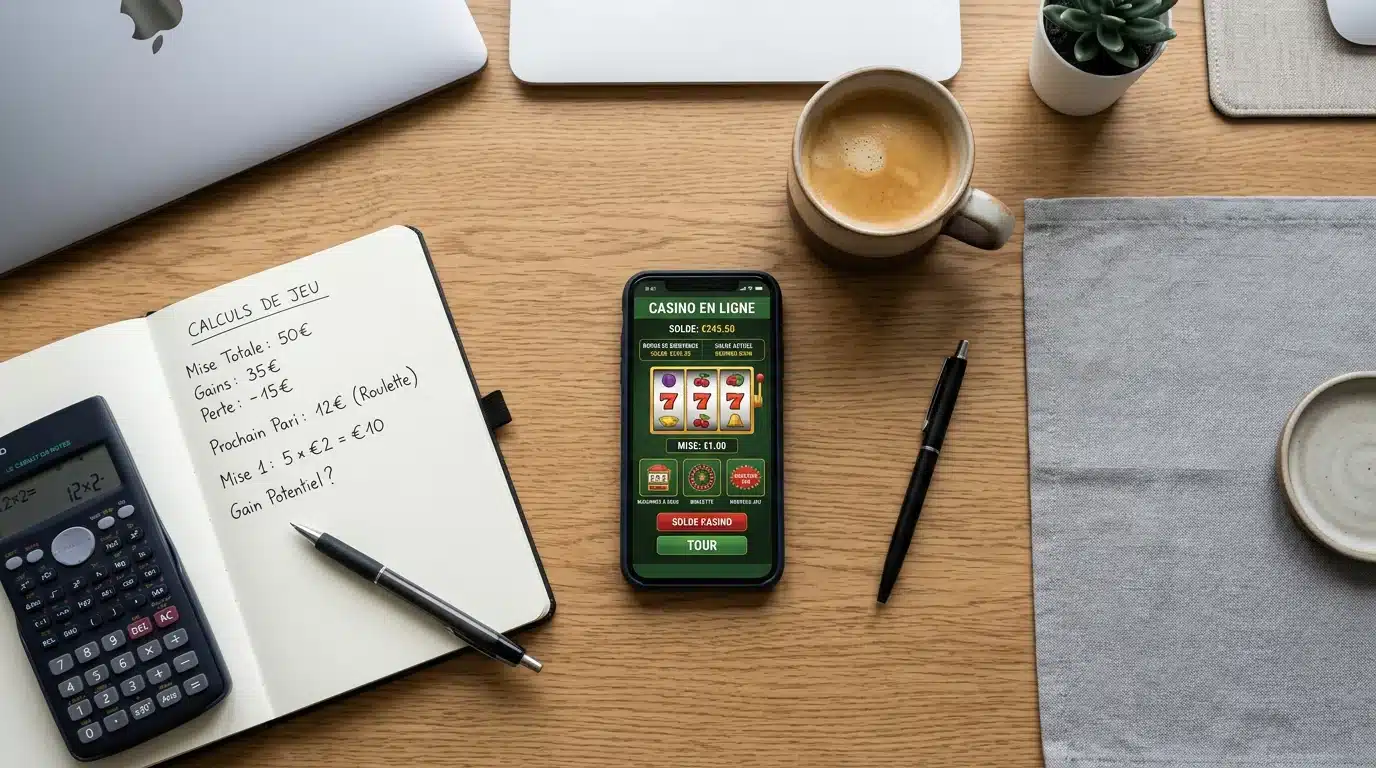 Bureau avec smartphone, calculatrice et notes sur les conditions de mise d'un bonus