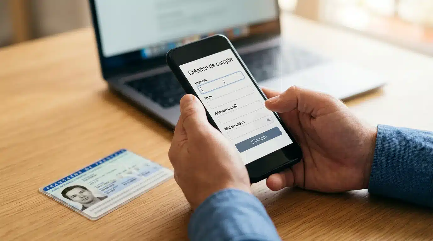 Personne remplissant un formulaire d'inscription sur smartphone avec pièce d'identité