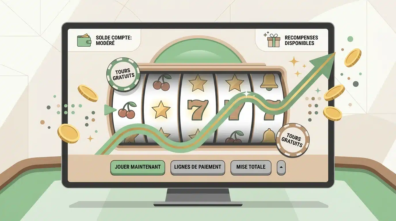 Illustration éditoriale d'un univers de casino en ligne avec machines à sous et tours gratuits