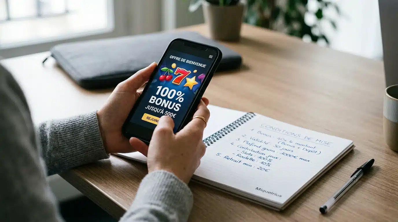 Un joueur analyse les conditions d'un bonus de casino sur son smartphone