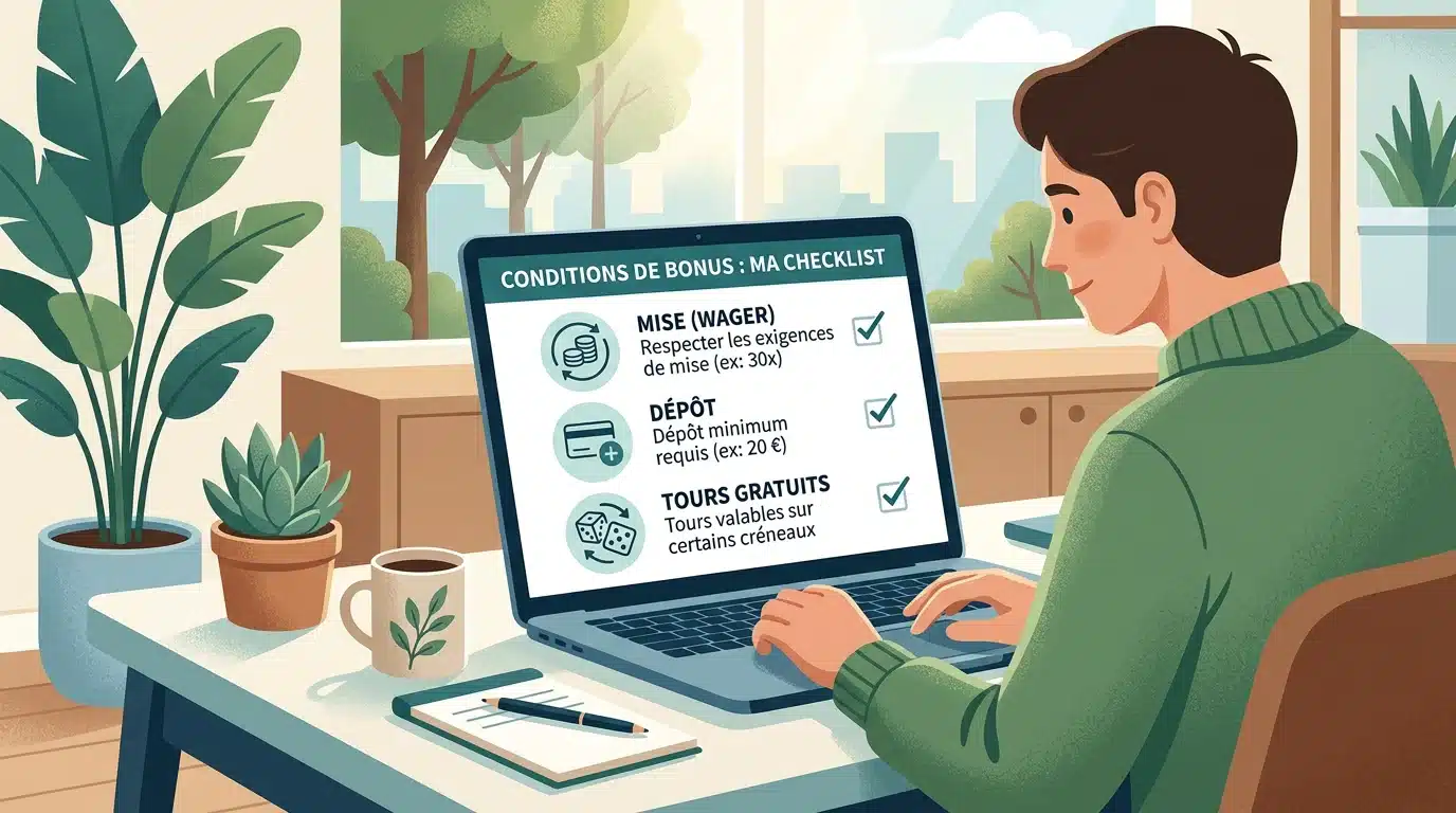 Illustration d'un joueur analysant les conditions d'un bonus de casino en ligne