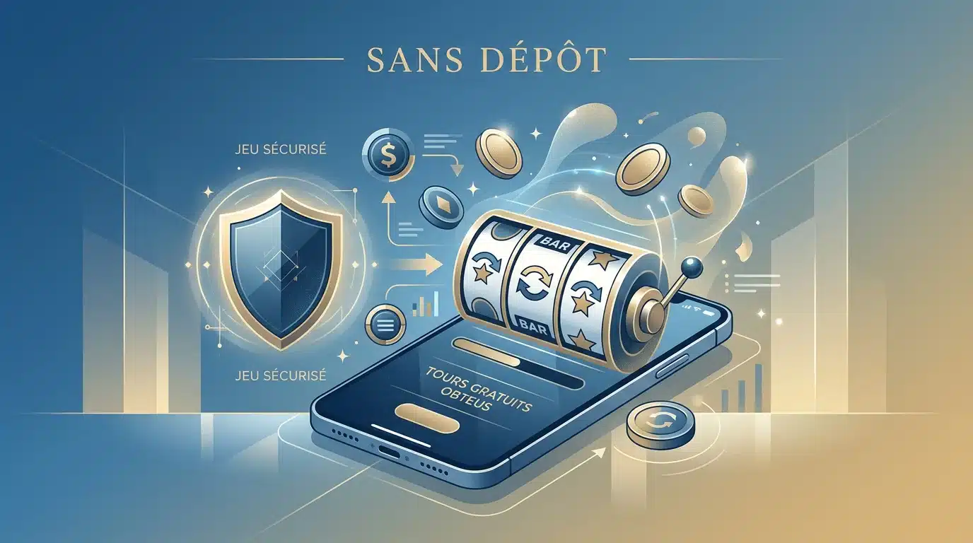 Concept de casino sans dépôt en France avec smartphone, machine à sous et bouclier de sécurité