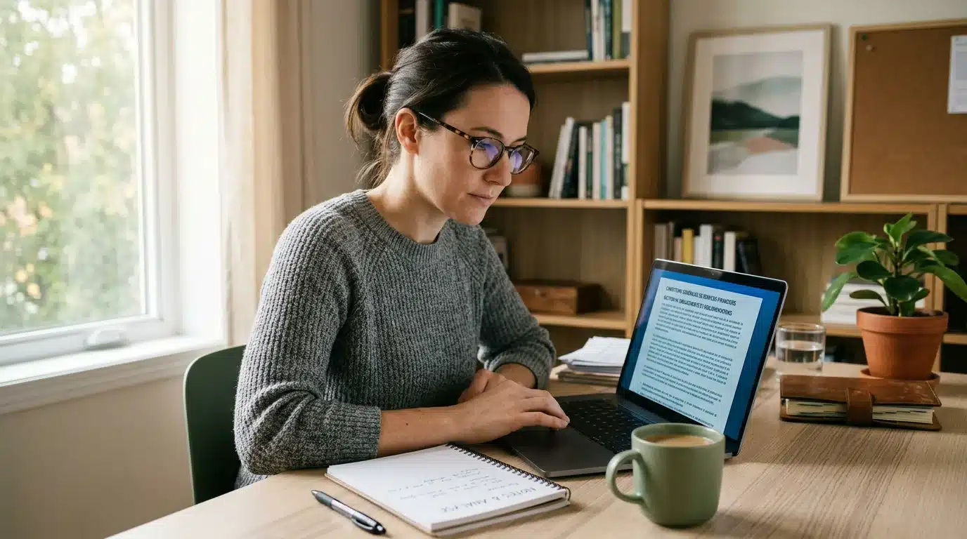 Adulte vérifiant attentivement les conditions d'un bonus sur ordinateur