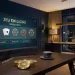 Bureau moderne avec écran affichant un casino en ligne et jetons dorés symbolisant un bonus sans dépôt