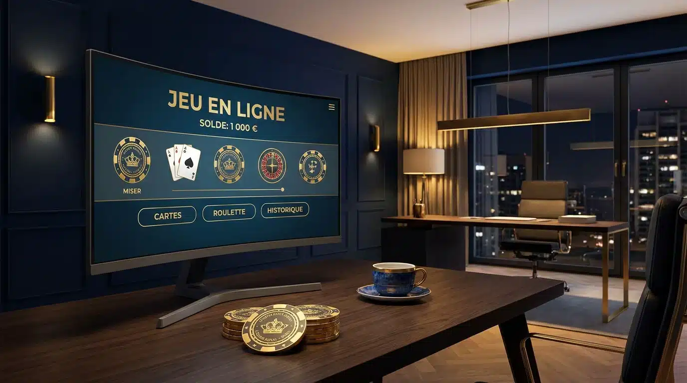 Bureau moderne avec écran affichant un casino en ligne et jetons dorés symbolisant un bonus sans dépôt