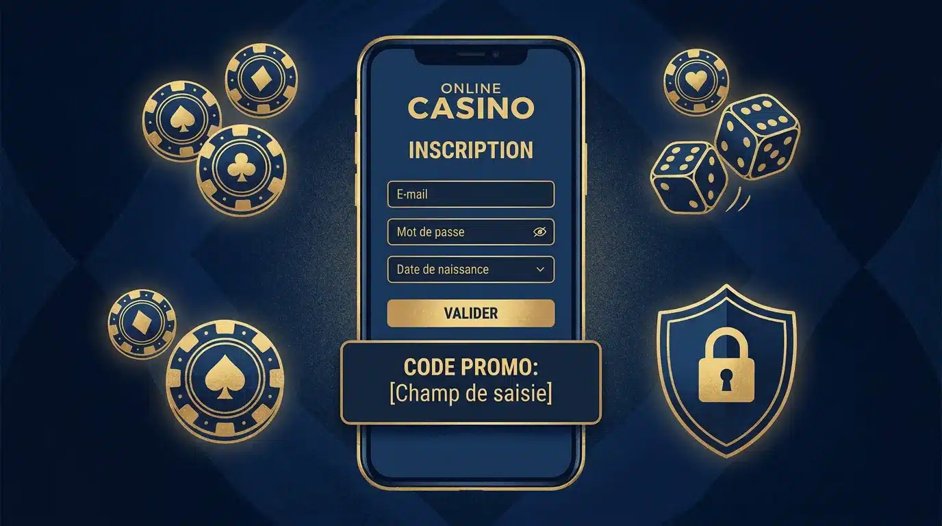 Smartphone affichant l'activation d'un code promo de bonus sans dépôt sur un casino en ligne