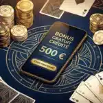 Table de casino élégante avec jetons et smartphone affichant un bonus sans dépôt