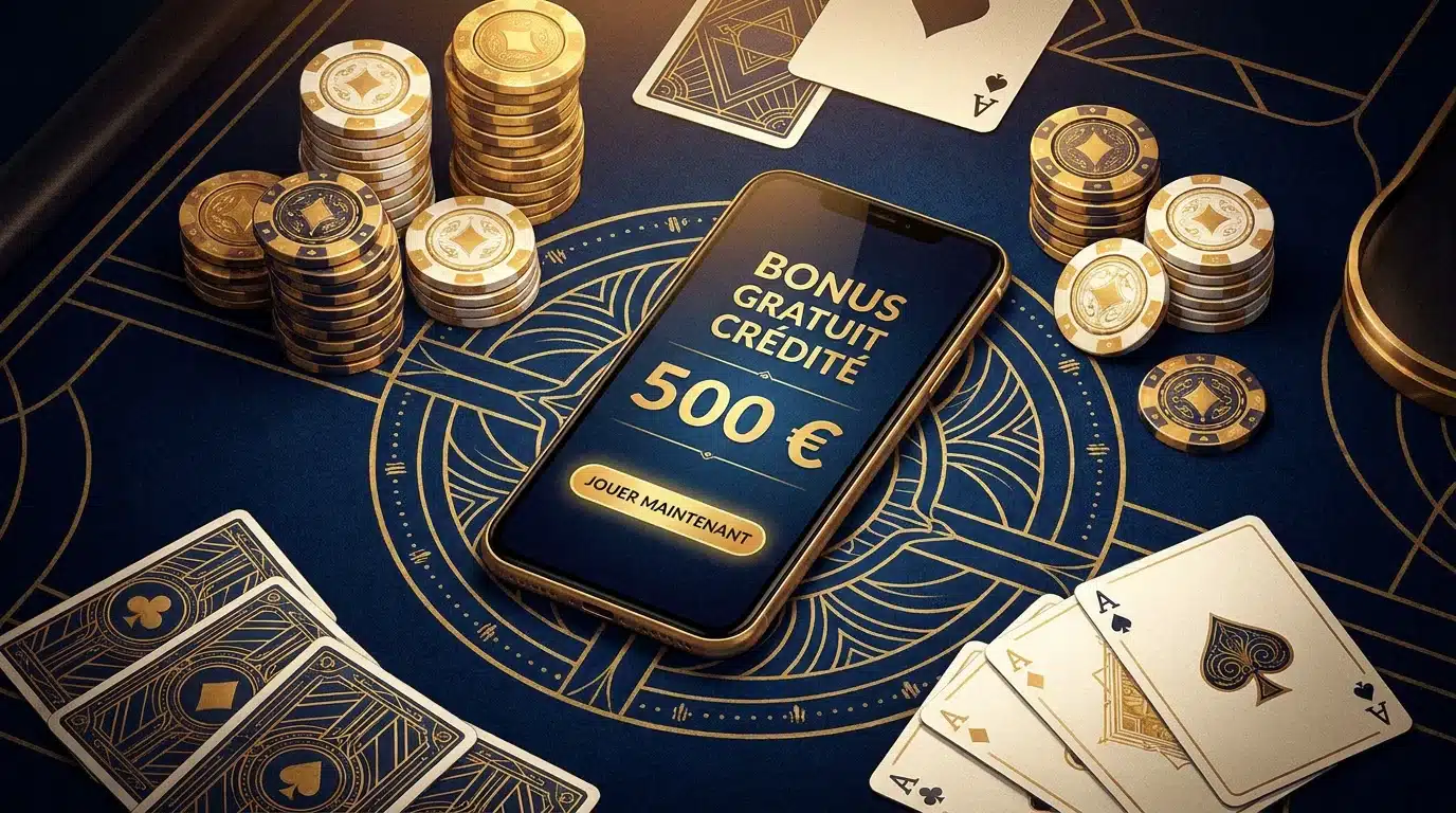 Table de casino élégante avec jetons et smartphone affichant un bonus sans dépôt
