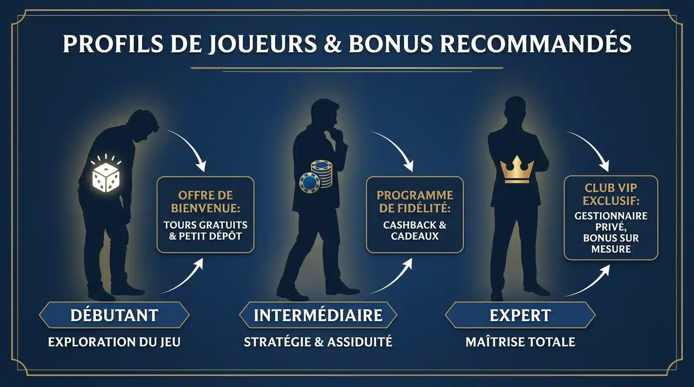 Infographie des types de bonus sans dépôt recommandés selon le profil du joueur
