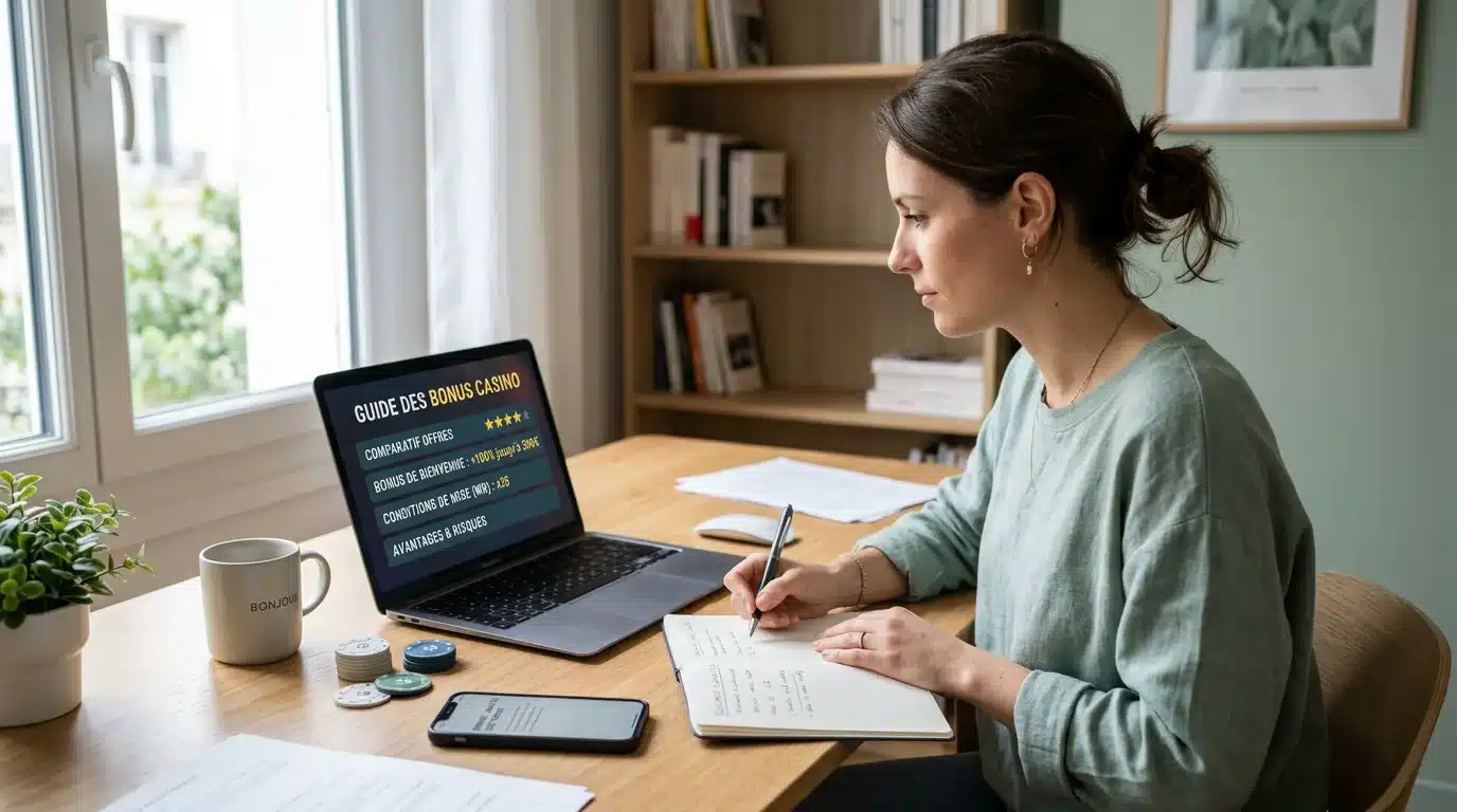 Joueur analysant un bonus de casino sans dépôt sur son ordinateur portable