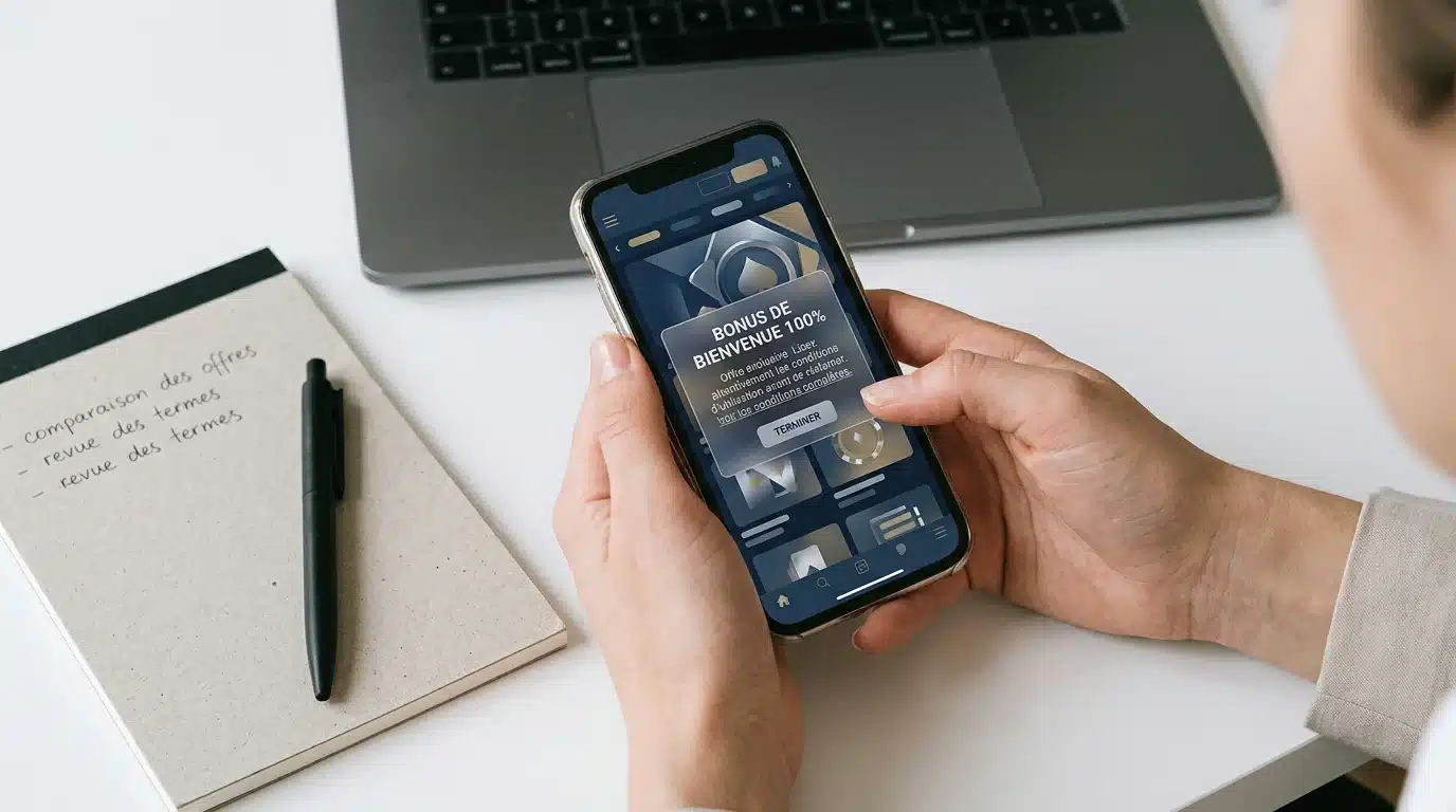 Un joueur vérifie les conditions d'un bonus sans dépôt sur son smartphone
