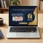 Bureau moderne avec un ordinateur affichant une offre de bonus casino sans dépôt