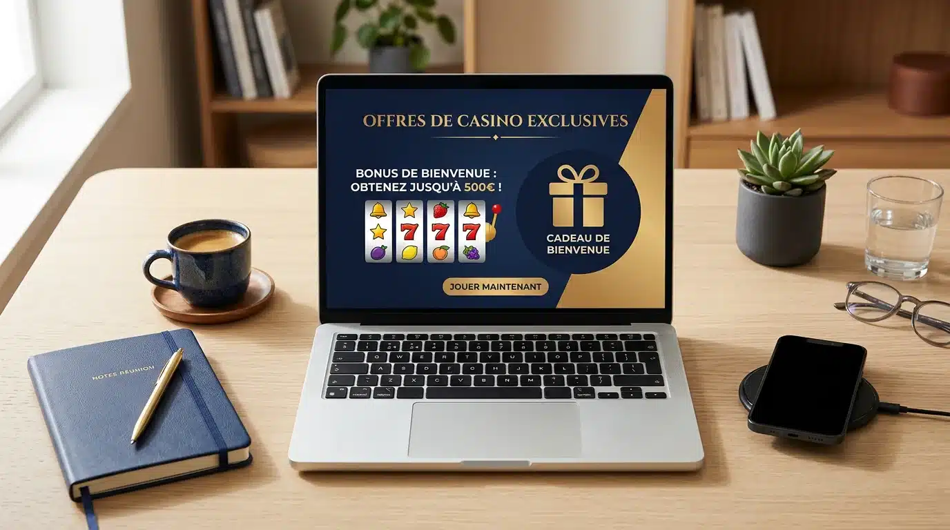 Bureau moderne avec un ordinateur affichant une offre de bonus casino sans dépôt
