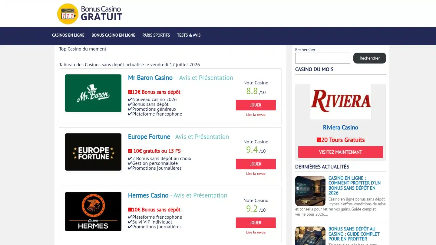 Capture de la page d’accueil de Bonus Casino Gratuit