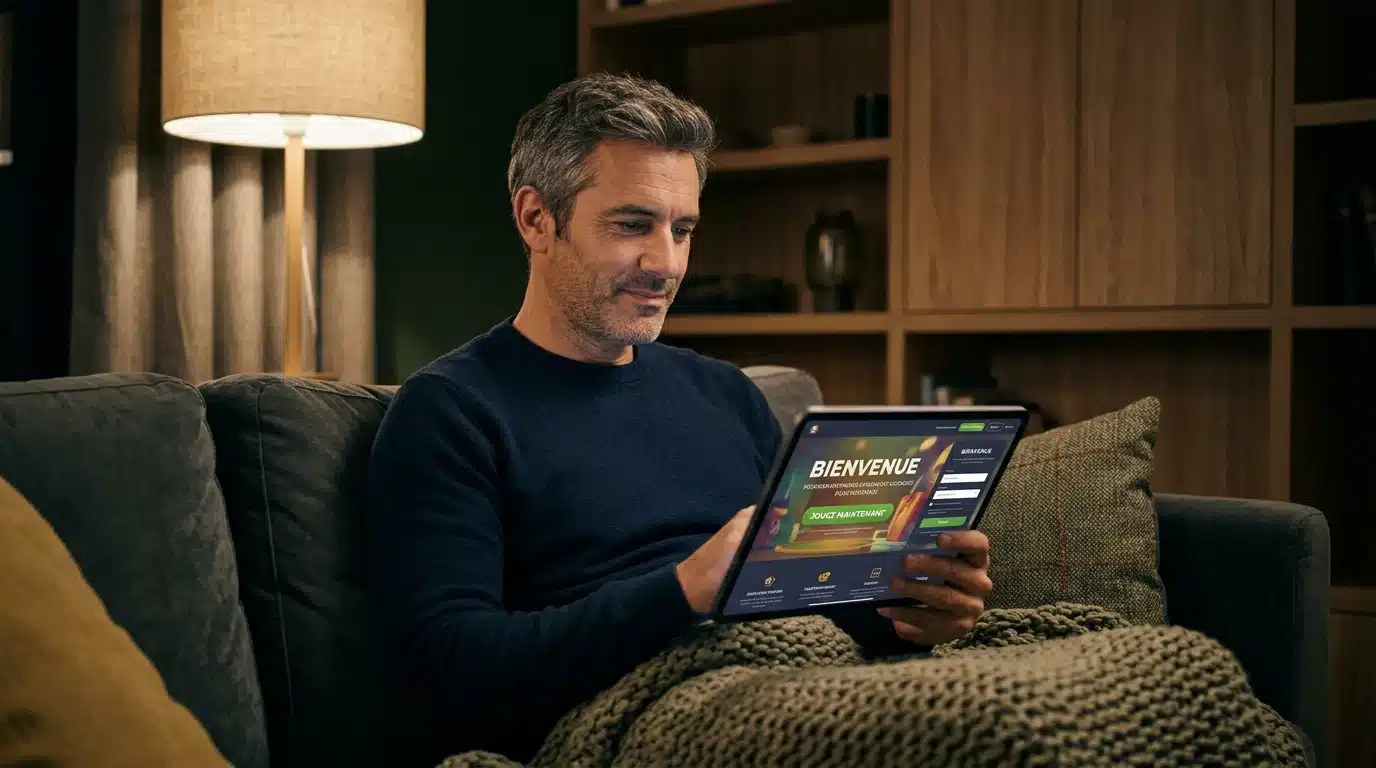 Personne consultant une offre de bonus sans dépôt sur une tablette