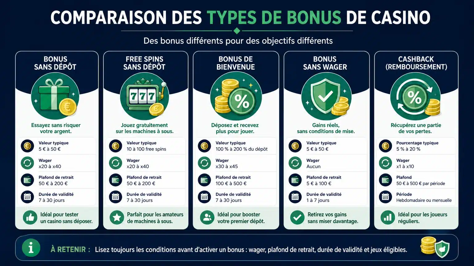 Comparatif visuel des différents types de bonus de casino en ligne