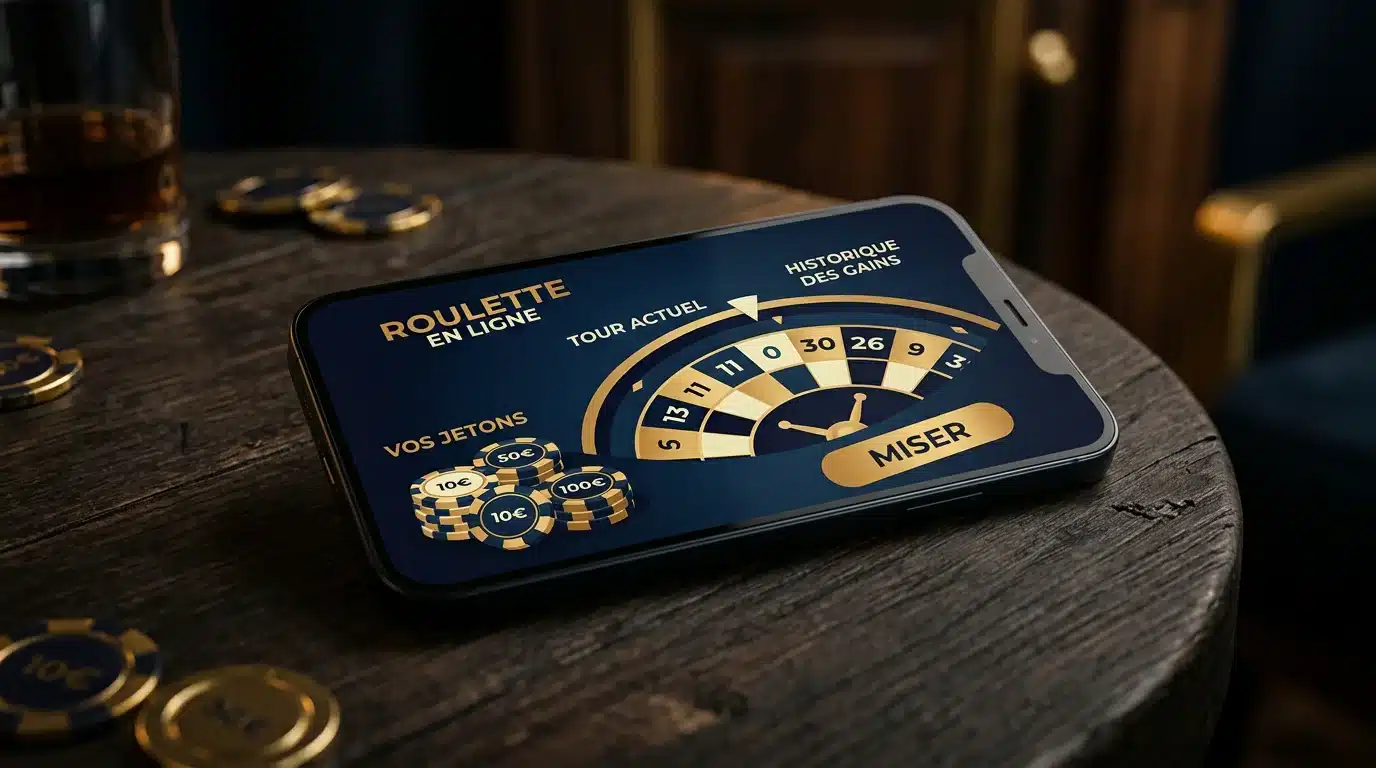 Smartphone affichant une interface de casino en ligne avec roulette et jetons