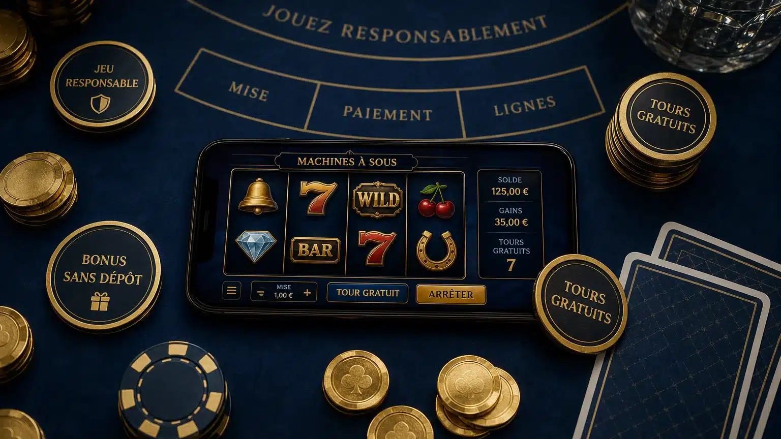 Ambiance de casino en ligne avec jetons et smartphone illustrant les bonus sans dépôt