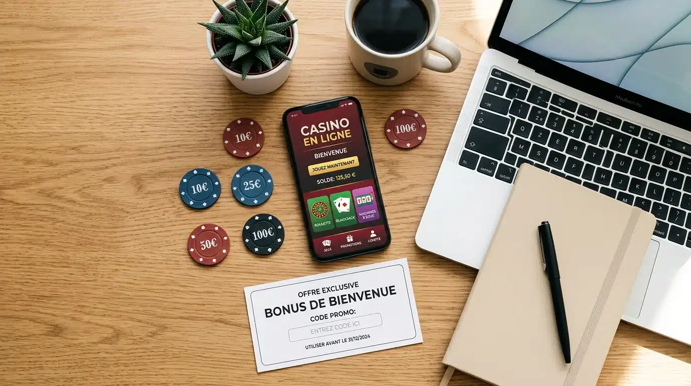 Code promo casino en ligne : téléphone et bon promotionnel sur un bureau