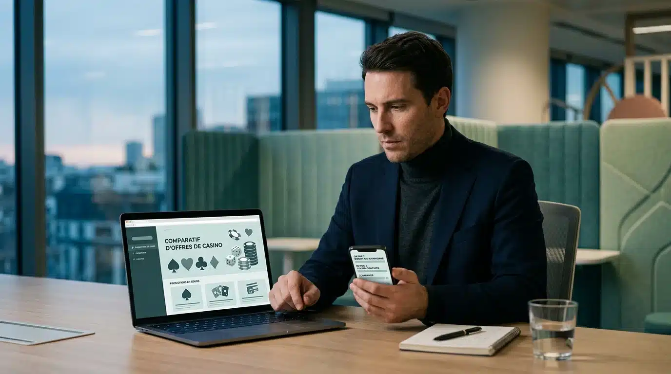 Joueur comparant des promotions de casino en ligne sur ordinateur et smartphone