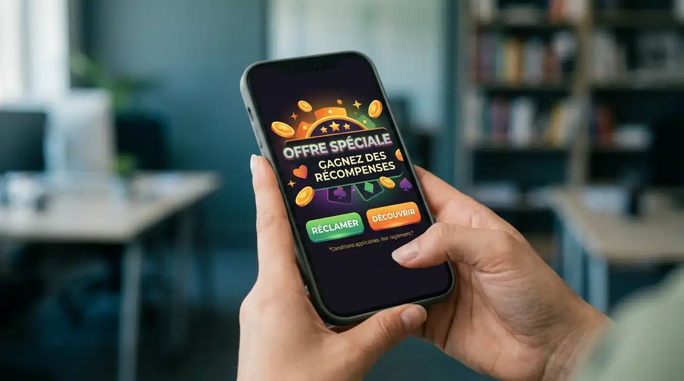 Personne consultant une offre promotionnelle de casino en ligne sur son téléphone