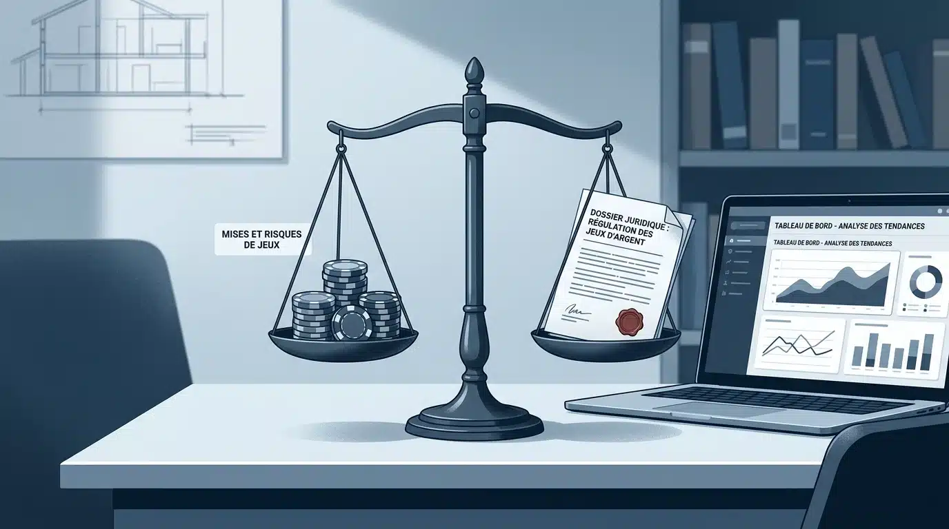 Illustration éditoriale opposant des jetons de casino à un document légal tamponné