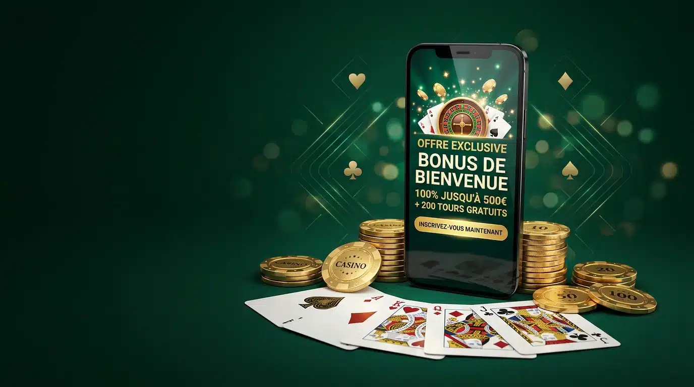 Univers du casino en ligne avec jetons dorés et smartphone affichant une promotion