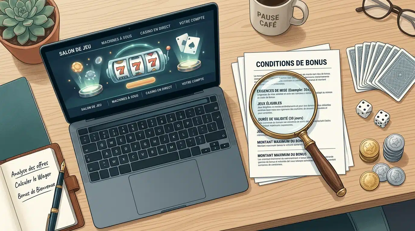 Bureau avec ordinateur, cartes et loupe symbolisant l'analyse d'un bonus sans dépôt