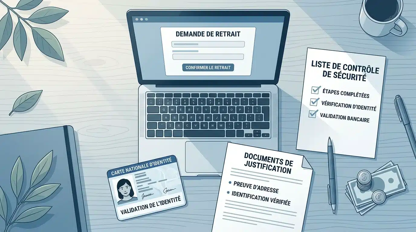 Documents d'identité et écran de demande de retrait sur un bureau