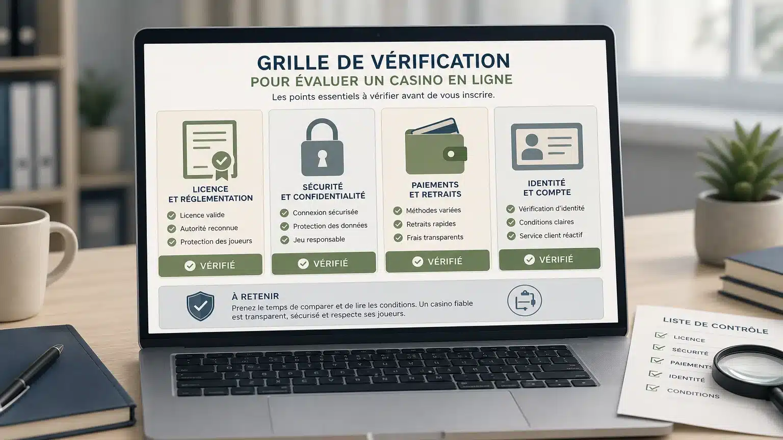 Grille de vérification avant inscription sur un casino en ligne