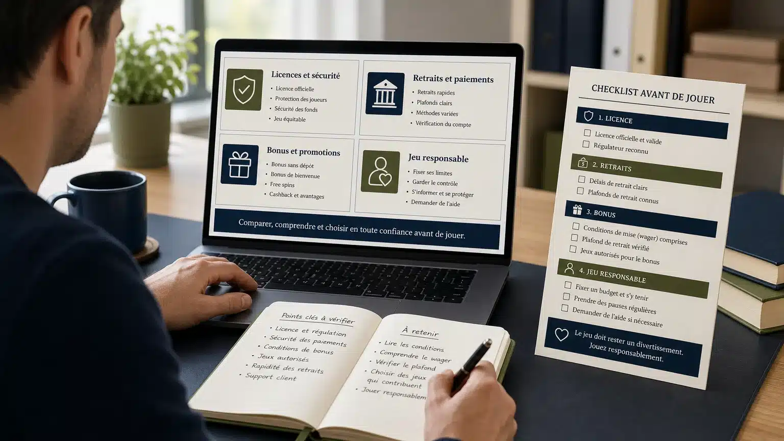 Joueur comparant les informations d’un casino en ligne avant un dépôt
