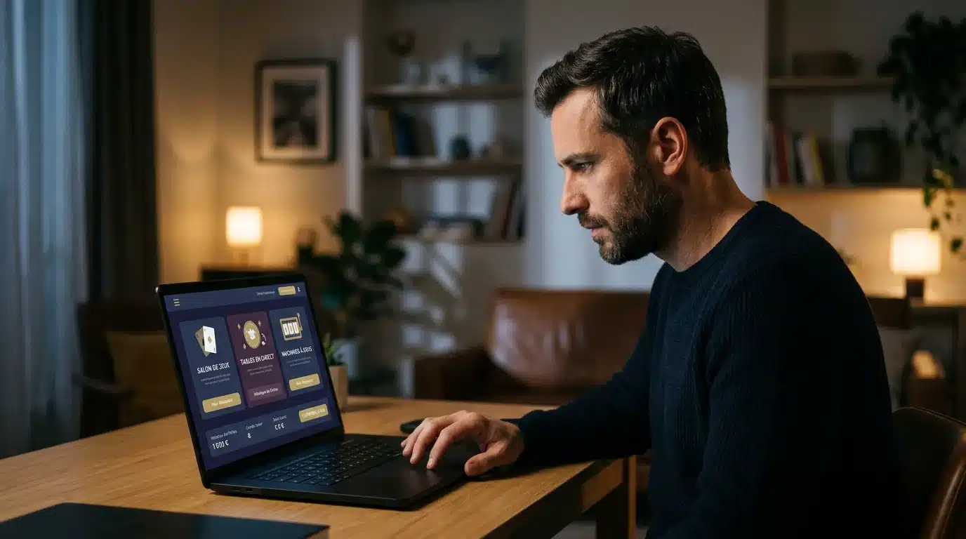 Joueur consultant les conditions d'un bonus de casino en ligne sans dépôt