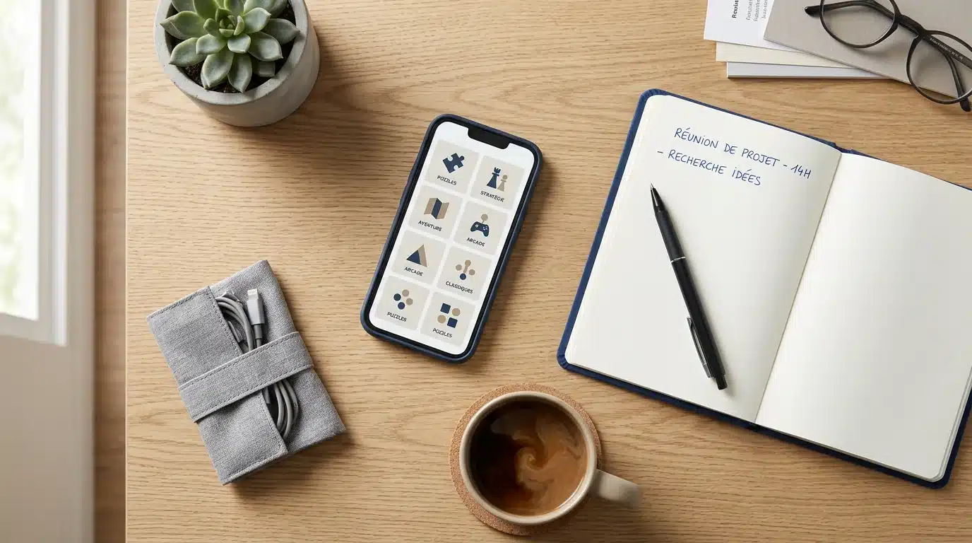 Bureau avec smartphone illustrant l'accès mobile à un casino en ligne