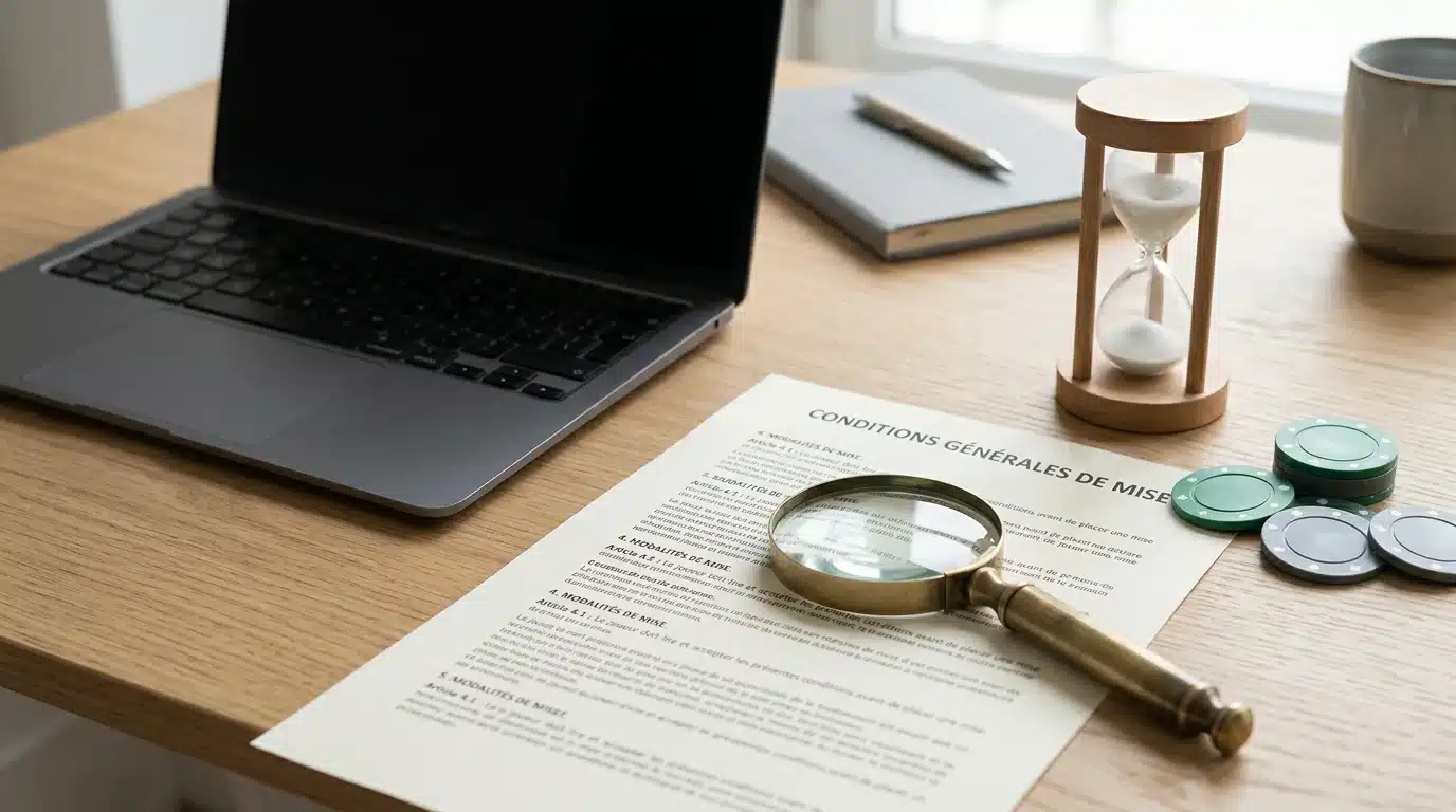 Loupe posée sur un contrat symbolisant la lecture des conditions de mise d'un bonus