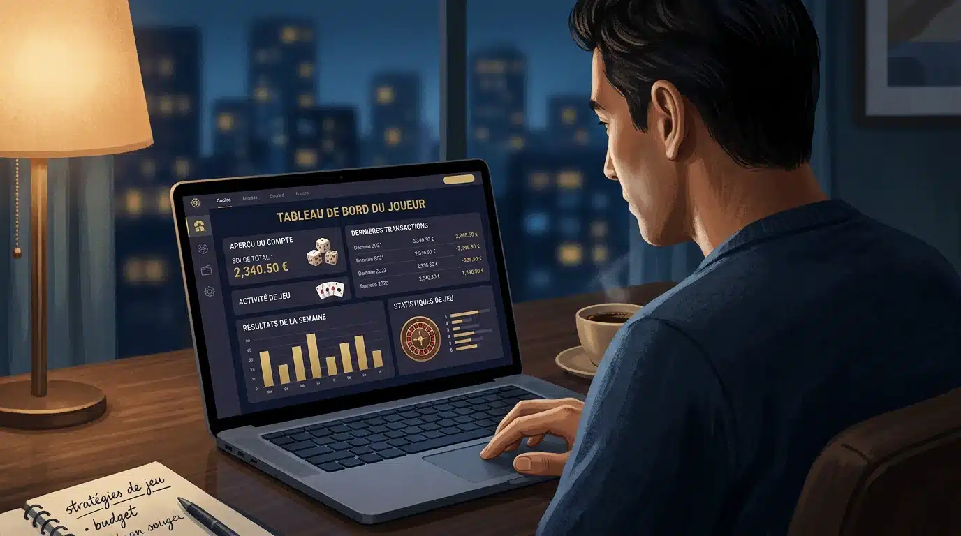 Joueur analysant les informations d'un casino en ligne sur son ordinateur