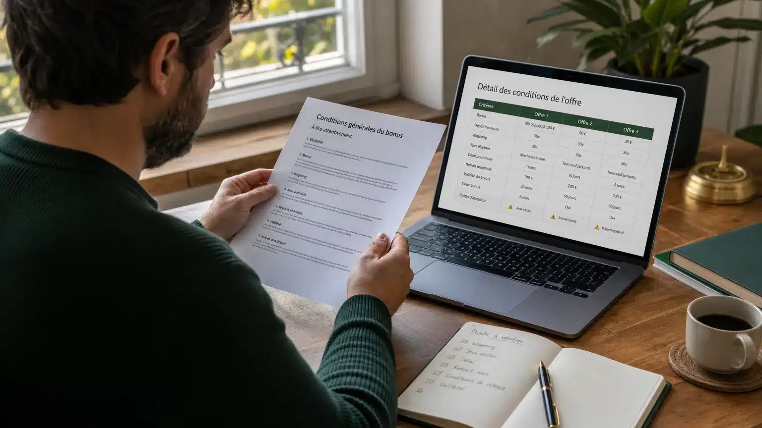 Joueur adulte comparant les conditions d’un bonus sans dépôt