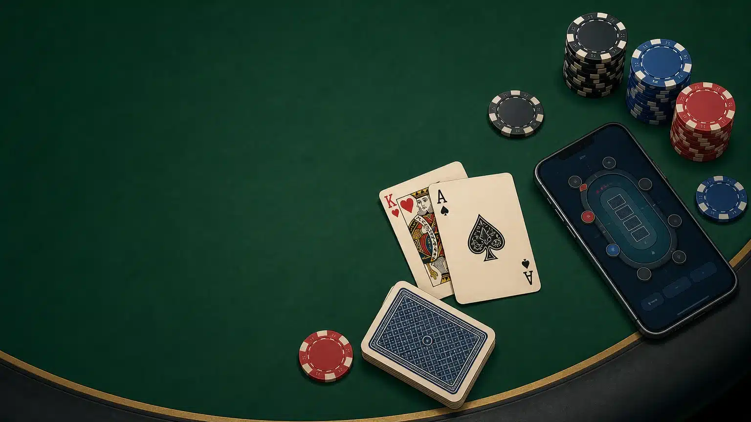 Table de poker en ligne avec cartes, jetons et espace libre pour un article sur les bonus sans dépôt en France
