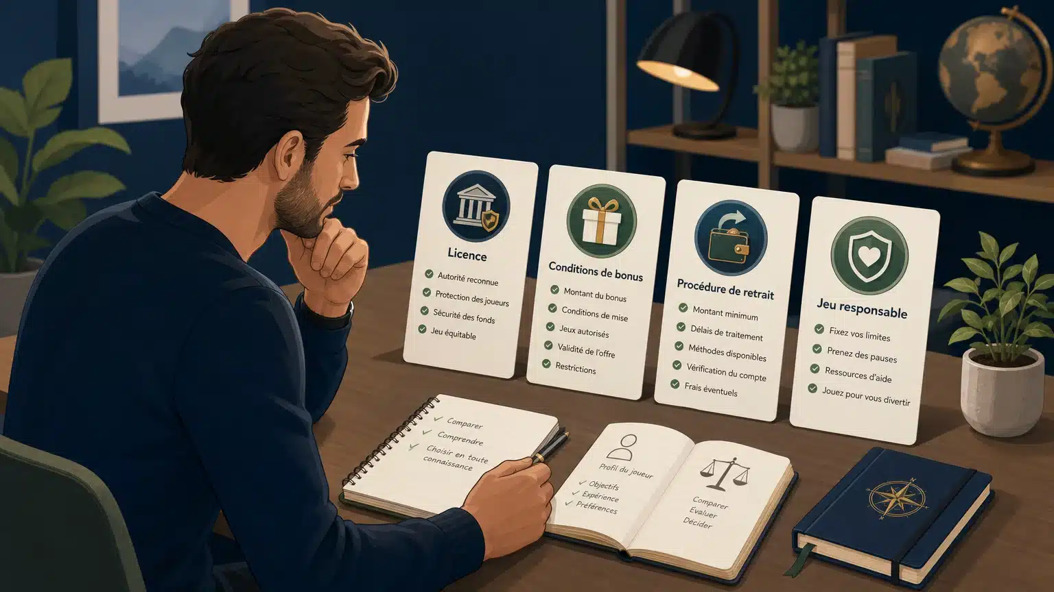 Illustration d’un joueur comparant licence, bonus et retraits d’un casino récent