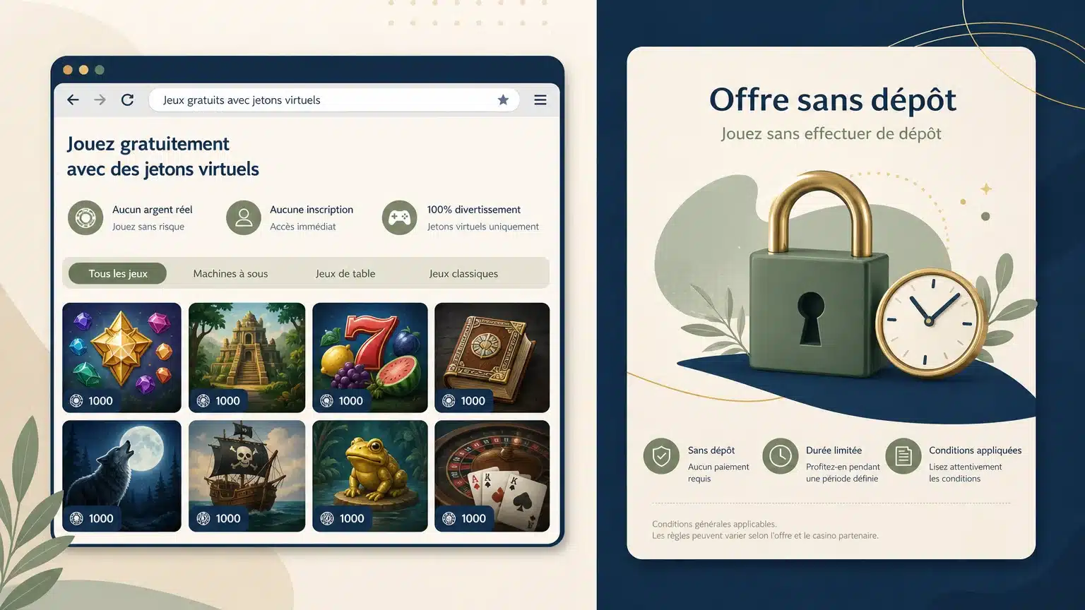 Illustration comparant jeu gratuit sans compte et bonus sans dépôt
