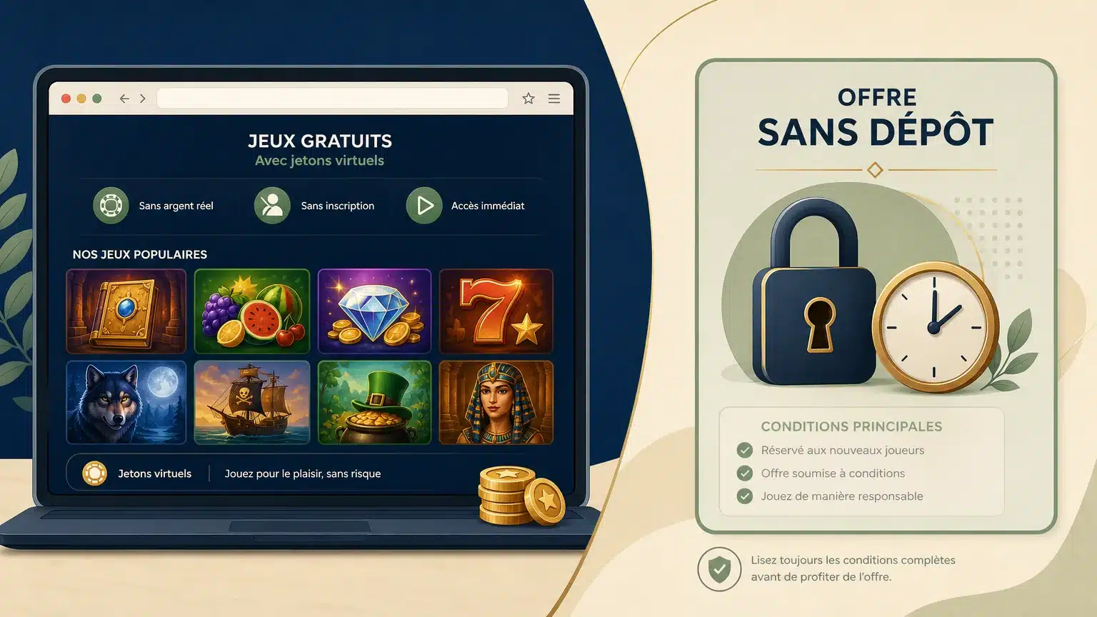 Illustration comparant jeu gratuit sans compte et bonus sans dépôt